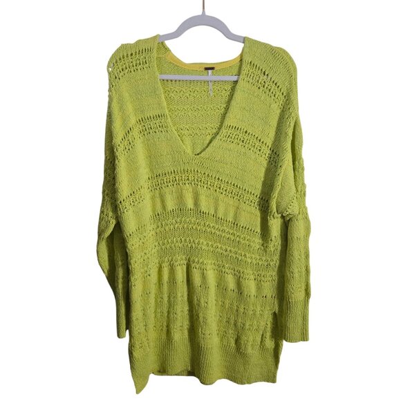 Free People Hot Tropics V-neck Open Knit Tunic Sweater Limelight Combo Size M - Picture 2 of 13